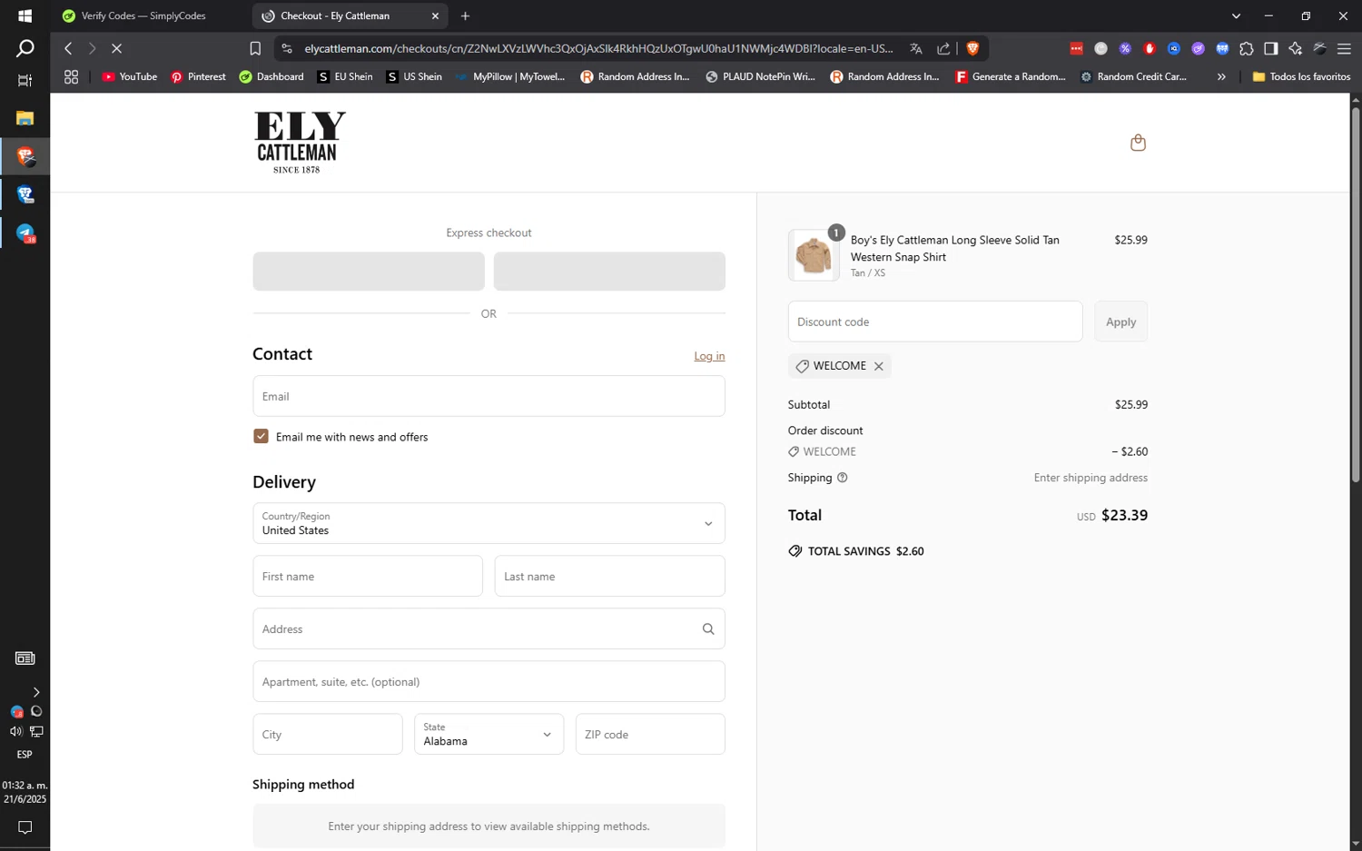 Ely Cattleman discount code screenshot showing code WELCOME applied at Ely Cattleman checkout page. Uploaded by SimplyCodes community member ilarrazaM1 on Jun 21, 2025