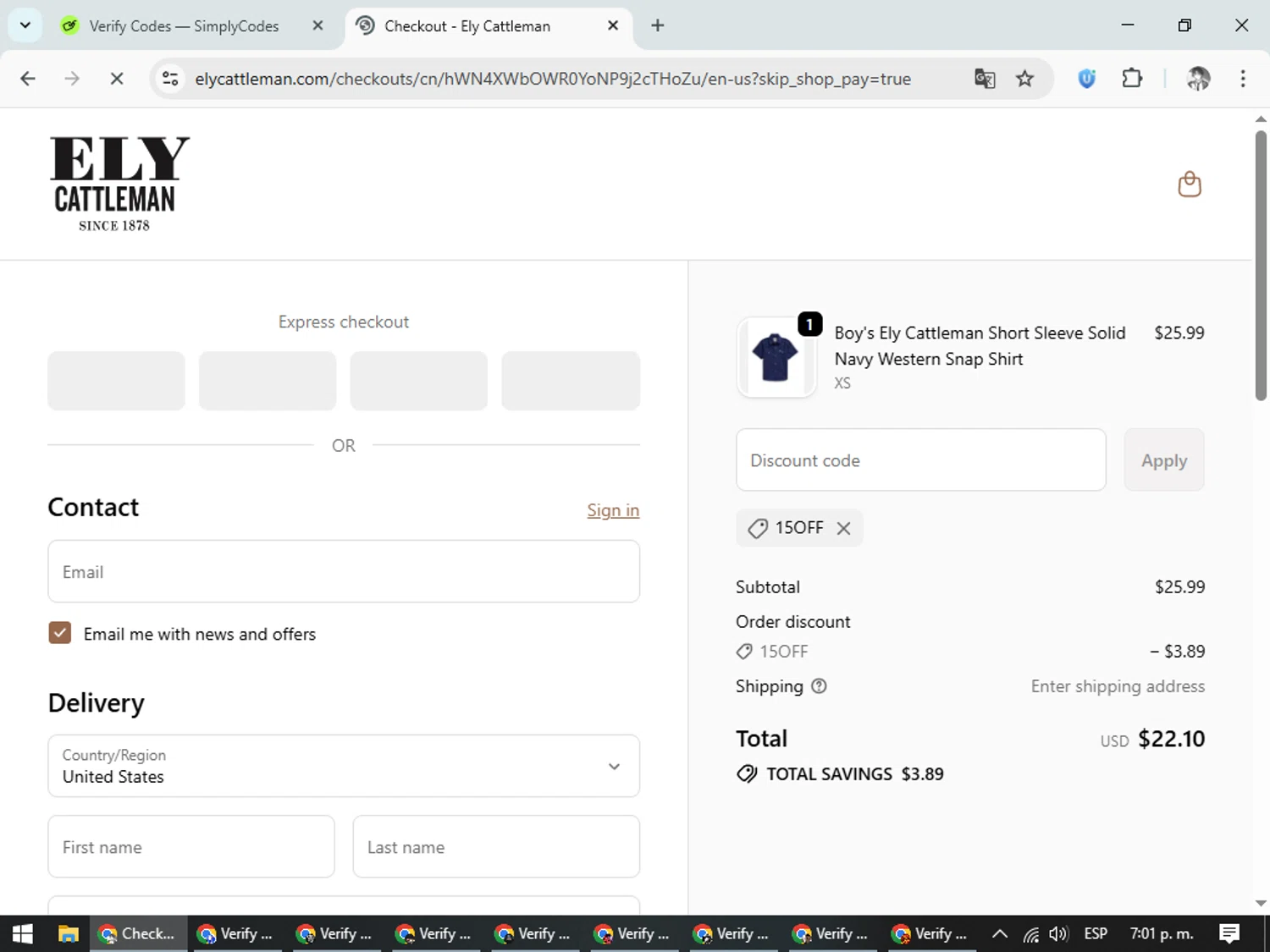 Ely Cattleman discount code screenshot showing code 15OFF applied at Ely Cattleman checkout page. Uploaded by SimplyCodes community member CleverLegend6607 on Oct 25, 2025
