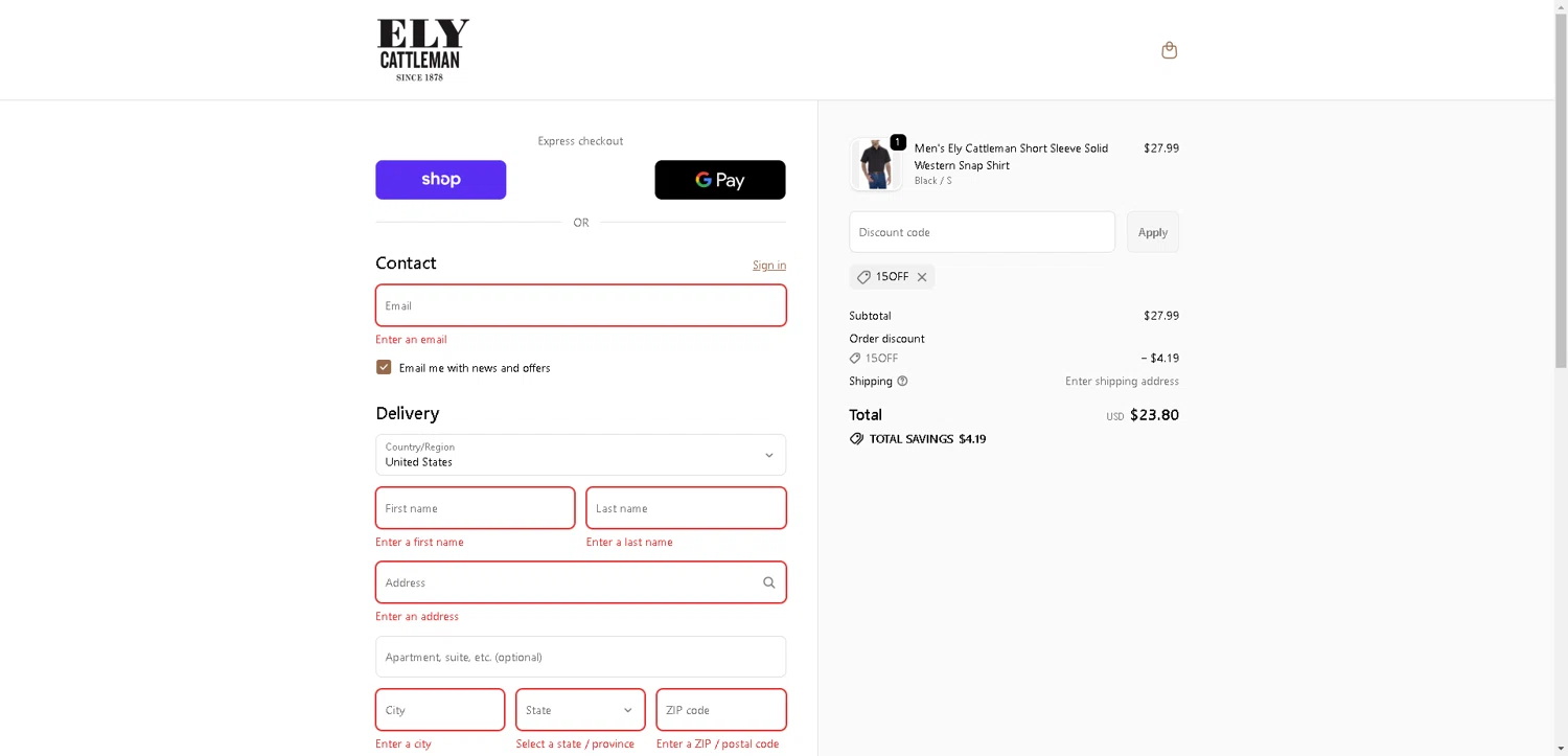 Ely Cattleman discount code screenshot showing code 15OFF applied at Ely Cattleman checkout page. Uploaded by SimplyCodes community member VictoriousFinder4393 on Oct 21, 2025