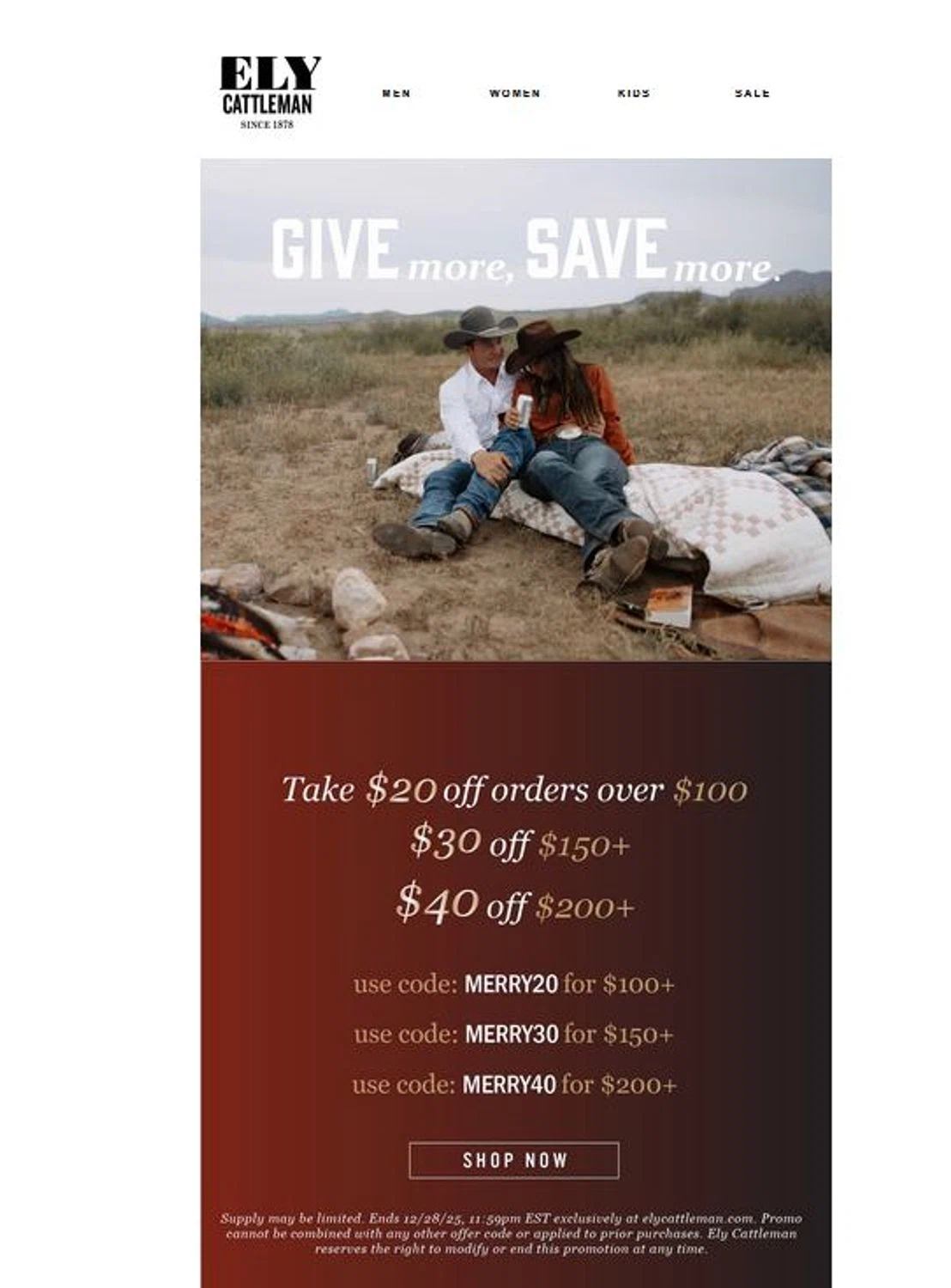 Ely Cattleman discount code screenshot showing code merry20 applied at Ely Cattleman checkout page. Uploaded by SimplyCodes community member stygian1 on Dec 12, 2025