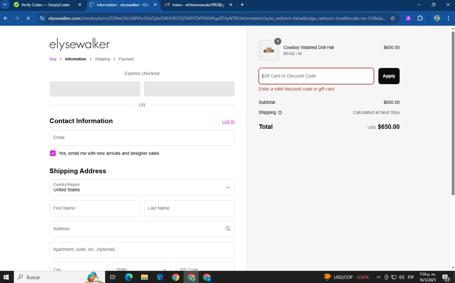 Elyse Walker promo code screenshot showing code WQGKP7NR applied at Elyse Walker checkout page. Uploaded by SimplyCodes community member helicoide on Mar 16, 2025