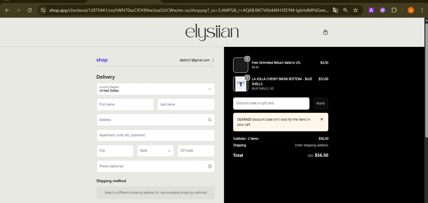 ELYSIIAN discount code screenshot showing code OLIVIA20 applied at ELYSIIAN checkout page. Uploaded by SimplyCodes community member PennyAdmiral6960 on Dec 29, 2025