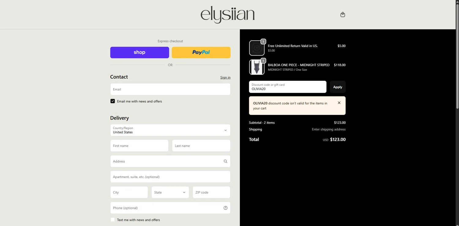 ELYSIIAN discount code screenshot showing code OLIVIA20 applied at ELYSIIAN checkout page. Uploaded by SimplyCodes community member TreasureHero9595 on Dec 12, 2025
