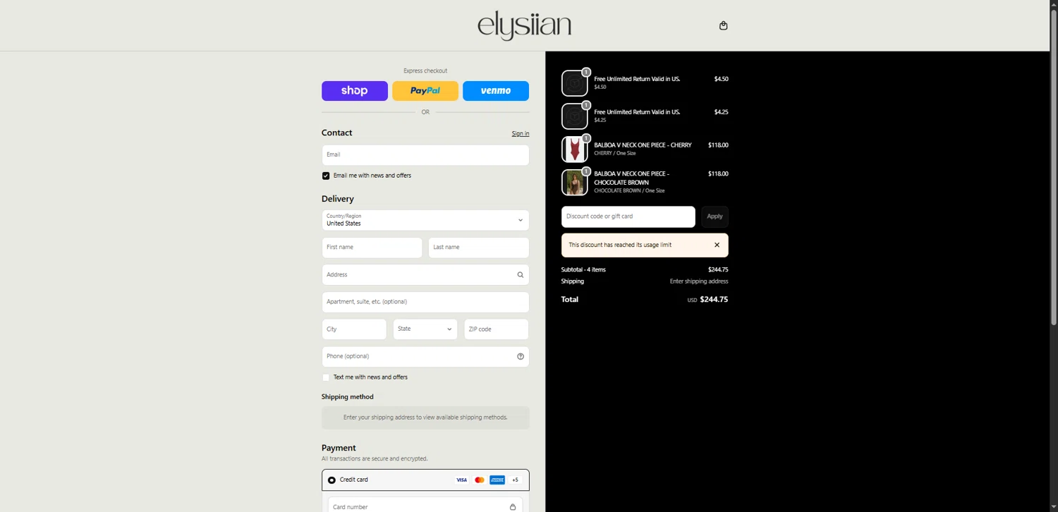 ELYSIIAN discount code screenshot showing code VCLH789X applied at ELYSIIAN checkout page. Uploaded by SimplyCodes community member MagnificentEagle1411 on Feb 15, 2026
