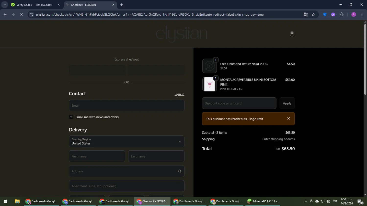 ELYSIIAN discount code screenshot showing code VCLH789X applied at ELYSIIAN checkout page. Uploaded by SimplyCodes community member Son_Goku on Feb 14, 2026