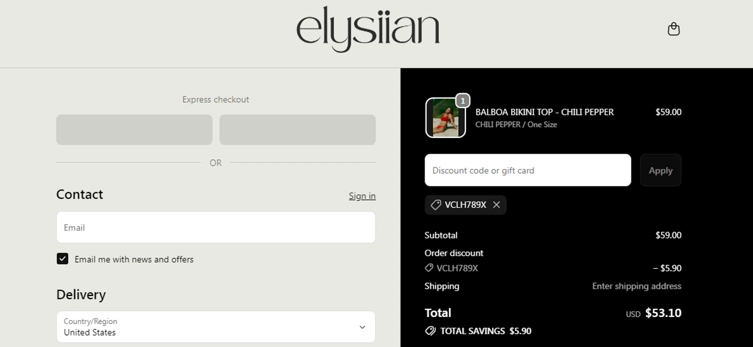ELYSIIAN discount code screenshot showing code VCLH789X applied at ELYSIIAN checkout page. Uploaded by SimplyCodes community member RonaldAcunaJr on Feb 13, 2026