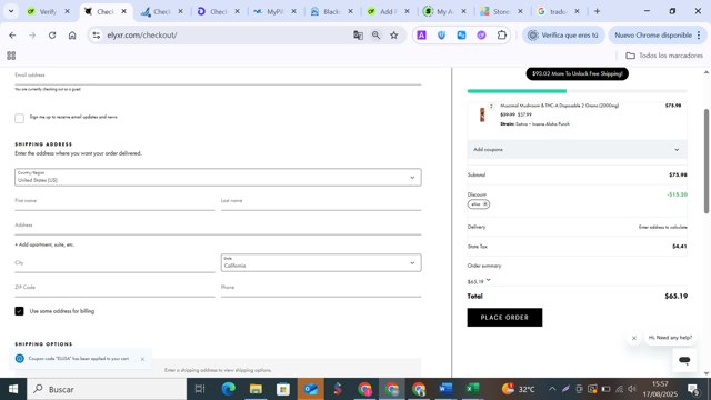 ELYXR checkout page showing ELYXR discount code box | Screenshot taken by SimplyCodes community member on Aug 17, 2025