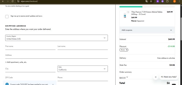 ELYXR checkout page showing ELYXR discount code box | Screenshot taken by SimplyCodes community member on Aug 17, 2025