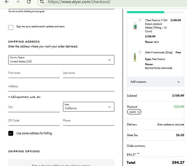 ELYXR checkout page showing ELYXR discount code box | Screenshot taken by SimplyCodes community member on Aug 25, 2025