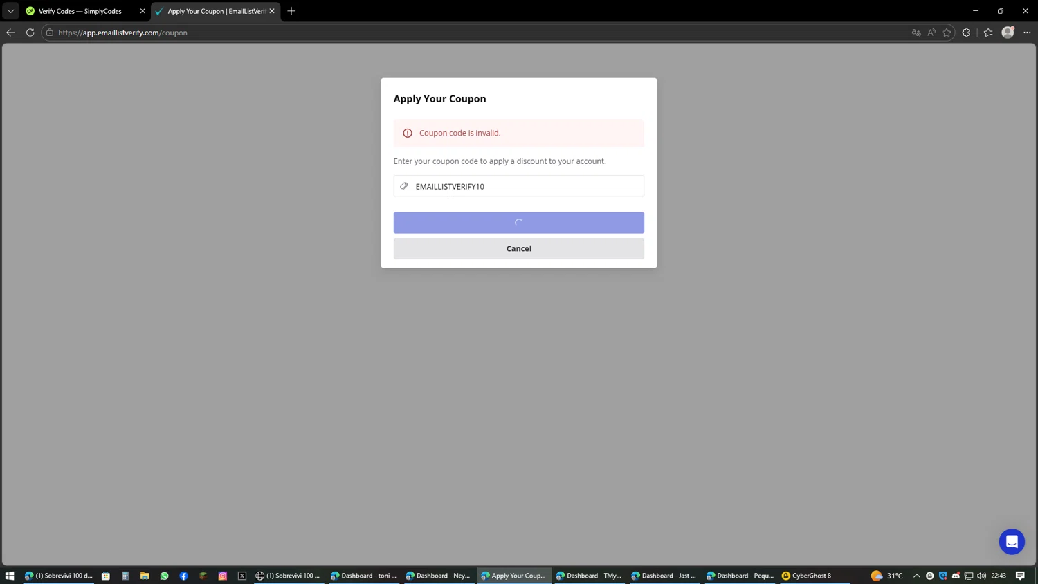EmaillistVerify promo code screenshot showing code EMAILLISTVERIFY10 applied at EmaillistVerify checkout page. Uploaded by SimplyCodes community member AVATIGRITO on Feb 26, 2026