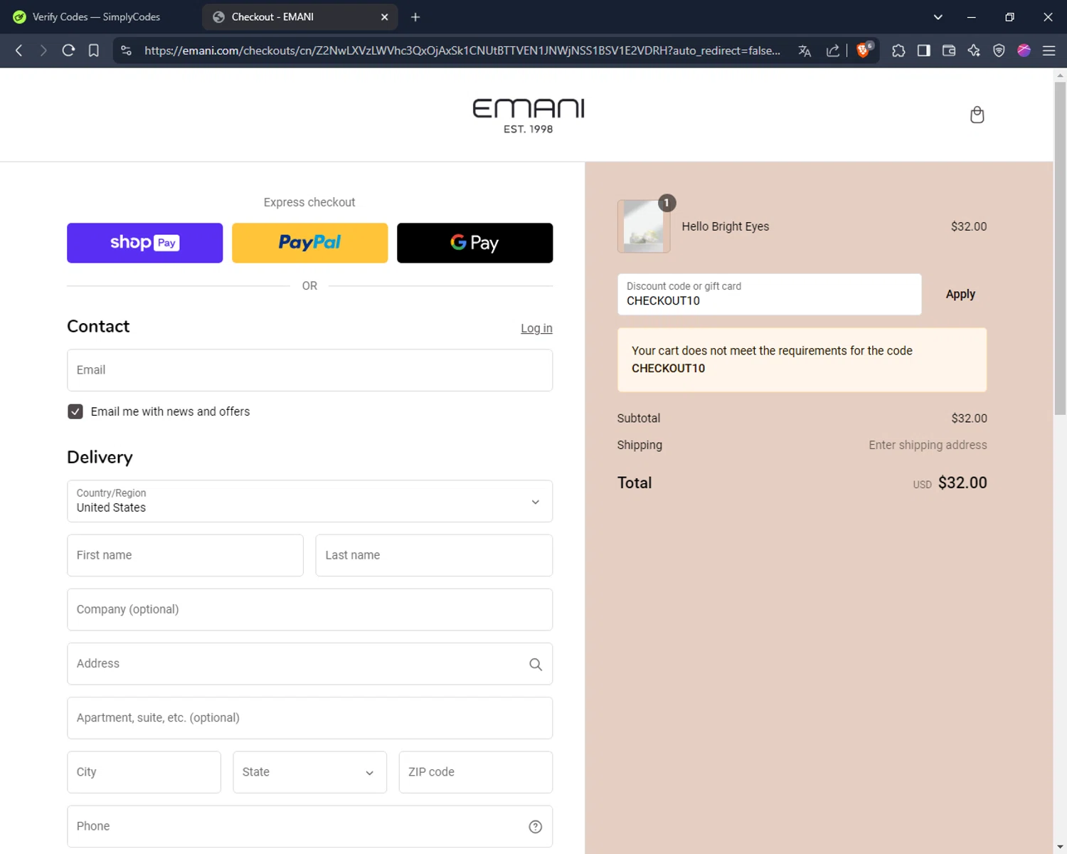 Emani Vegan Cosmetics promo code screenshot showing code CHECKOUT10 applied at Emani Vegan Cosmetics checkout page. Uploaded by SimplyCodes community member Jsjsjsjsjsjsjs on Feb 17, 2025