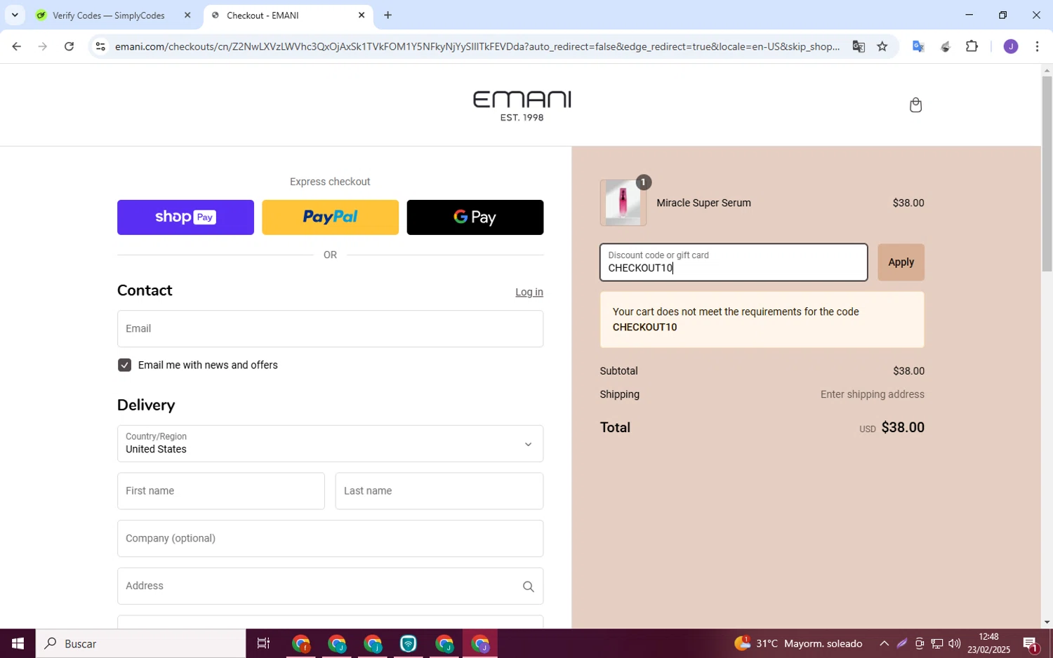 Emani Vegan Cosmetics promo code screenshot showing code CHECKOUT10 applied at Emani Vegan Cosmetics checkout page. Uploaded by SimplyCodes community member MoneyPro9023 on Feb 23, 2025