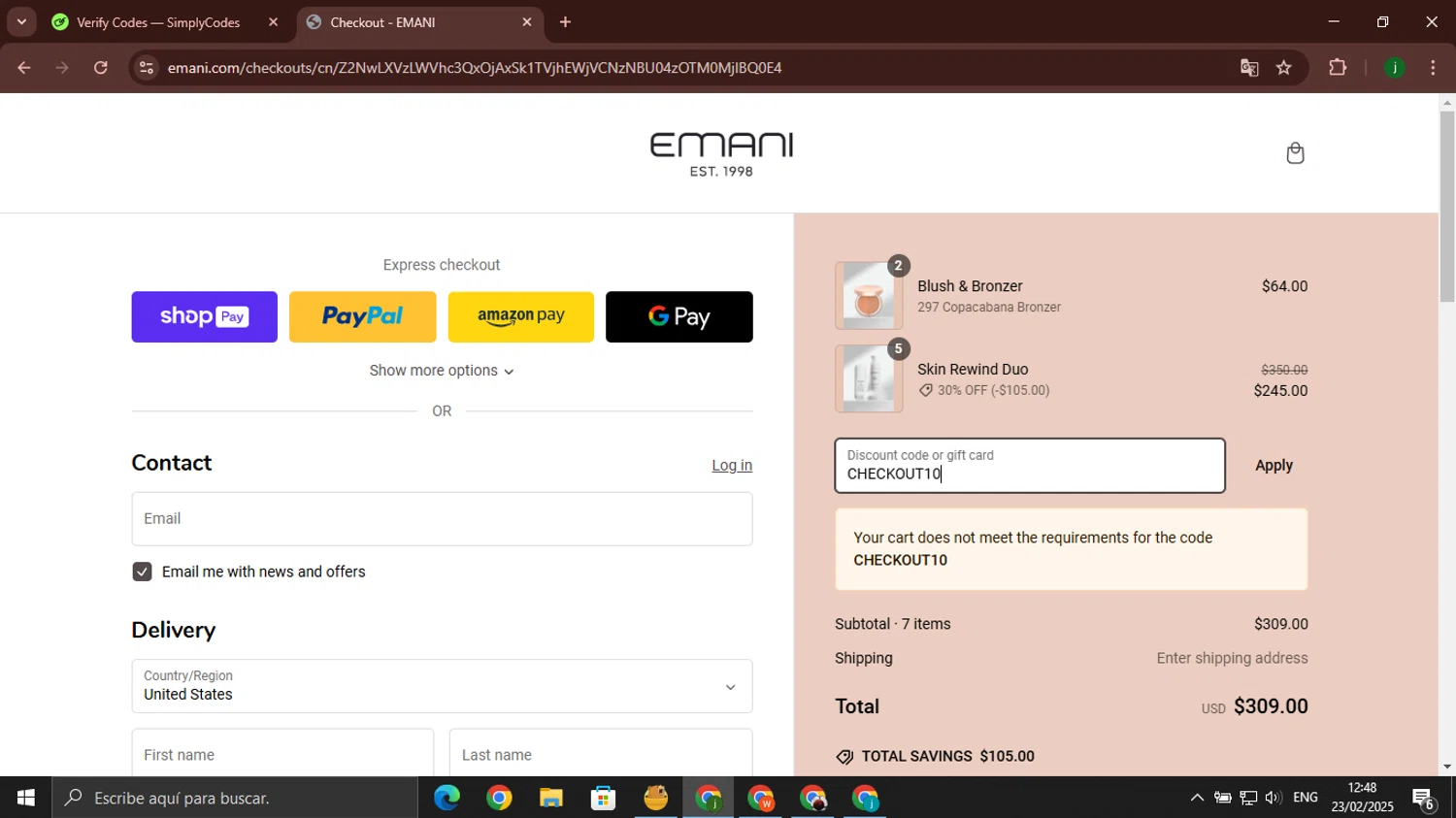 Emani Vegan Cosmetics promo code screenshot showing code CHECKOUT10 applied at Emani Vegan Cosmetics checkout page. Uploaded by SimplyCodes community member jorgeroz on Feb 23, 2025