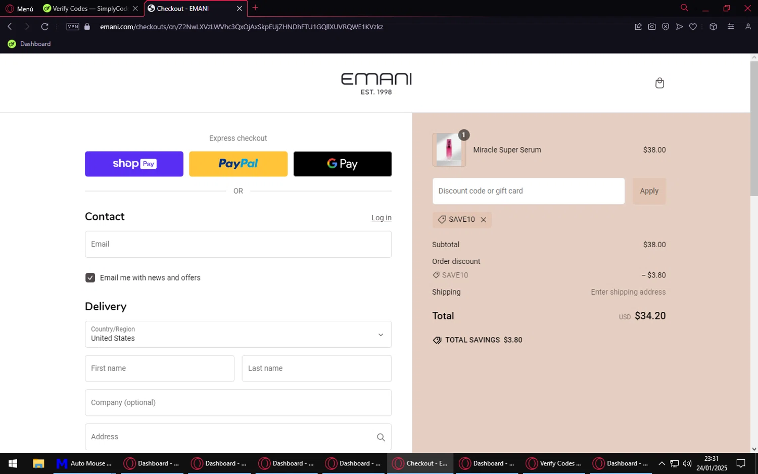 Emani Vegan Cosmetics promo code screenshot showing code SAVE10 applied at Emani Vegan Cosmetics checkout page. Uploaded by SimplyCodes community member Purureche on Jan 25, 2025