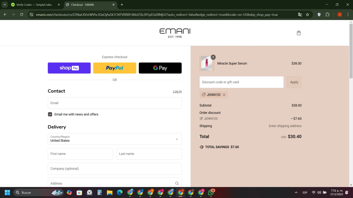 Emani Vegan Cosmetics promo code screenshot showing code JENNY20 applied at Emani Vegan Cosmetics checkout page. Uploaded by SimplyCodes community member ShieldAce8260 on Feb 17, 2025