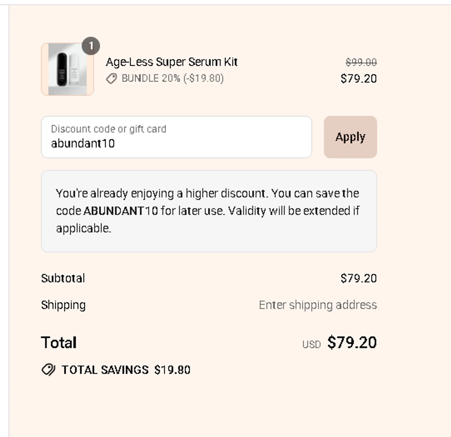 Emani Vegan Cosmetics promo code screenshot showing code abundant10 applied at Emani Vegan Cosmetics checkout page. Uploaded by SimplyCodes community member Netheryno on Jul 24, 2025