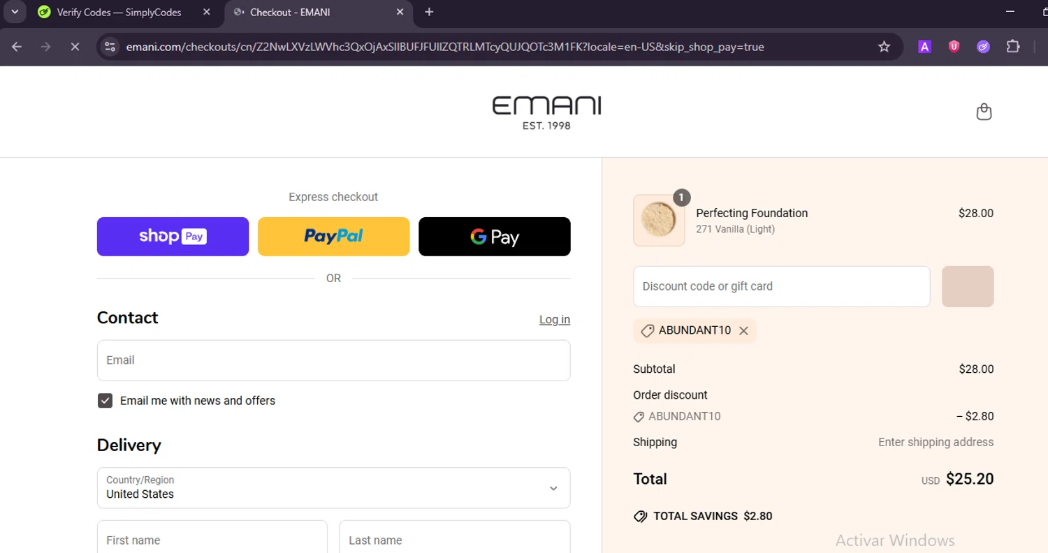Emani Vegan Cosmetics promo code screenshot showing code abundant10 applied at Emani Vegan Cosmetics checkout page. Uploaded by SimplyCodes community member ValiantRanger5812 on Jun 22, 2025