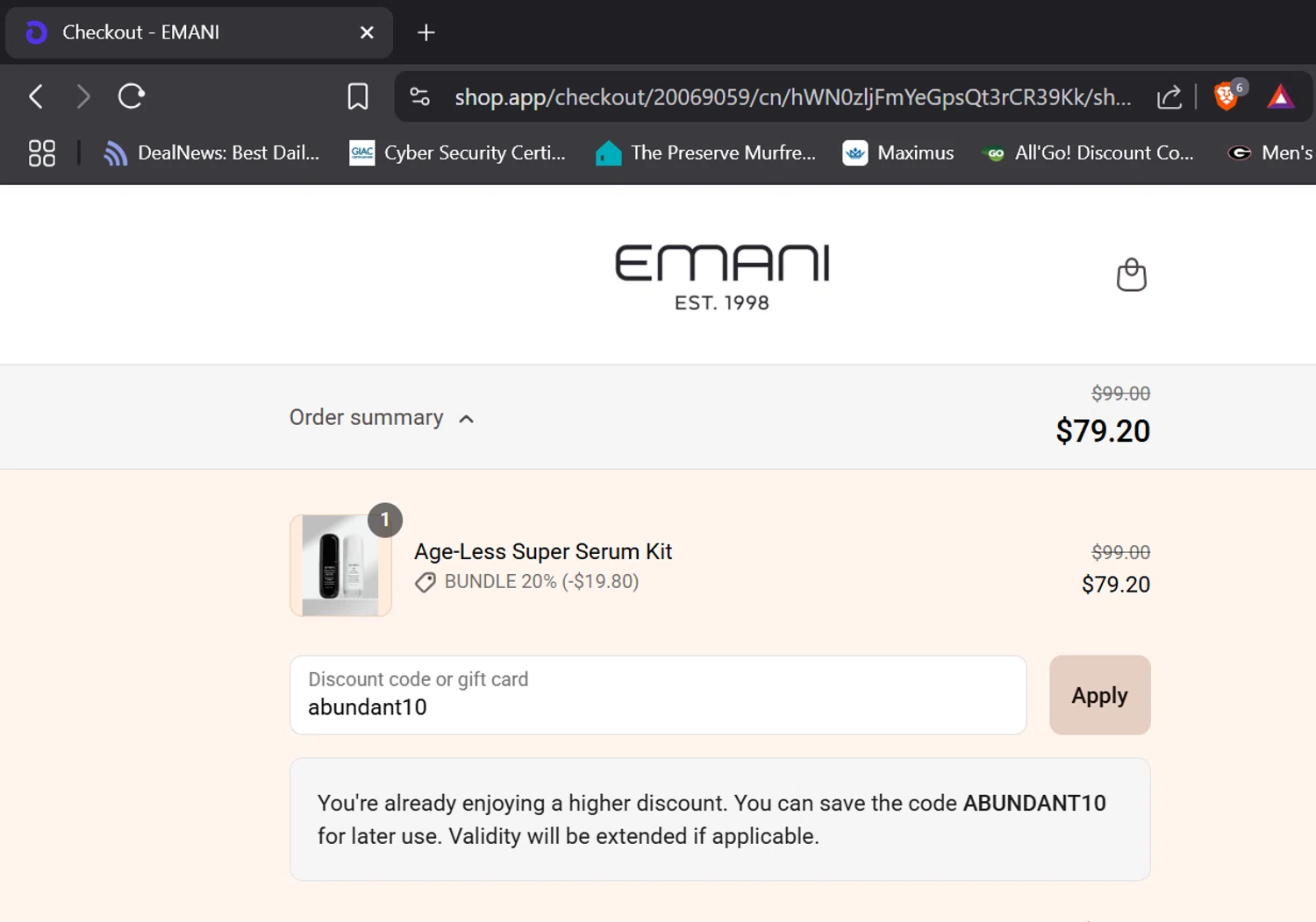 Emani Vegan Cosmetics promo code screenshot showing code abundant10 applied at Emani Vegan Cosmetics checkout page. Uploaded by SimplyCodes community member DORIANGEL on Jul 24, 2025