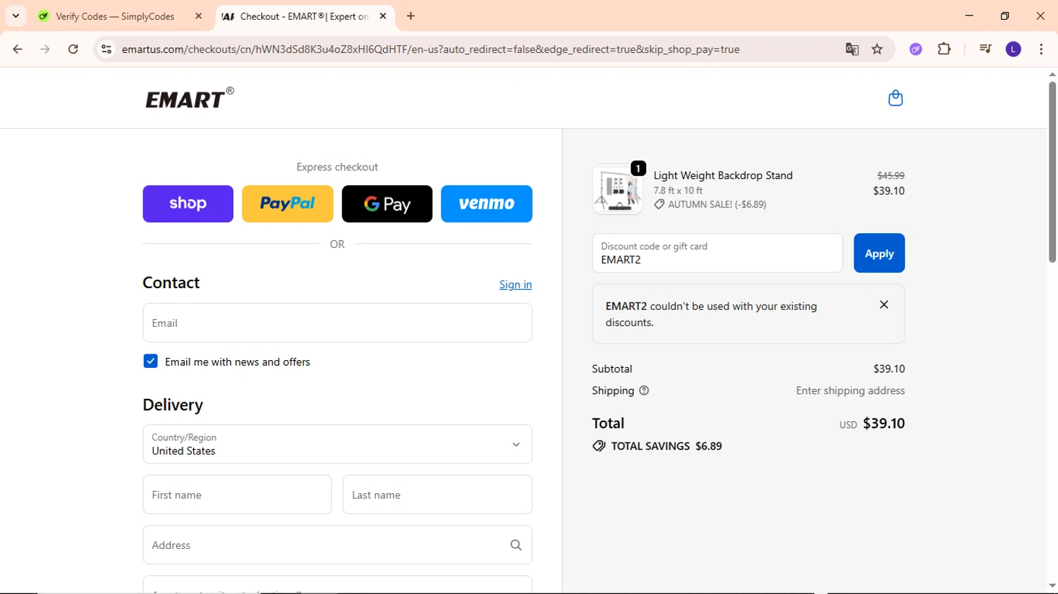 EMART promo code screenshot showing code EMART2 applied at EMART checkout page. Uploaded by SimplyCodes community member EpicWarden3081 on Oct 2, 2025