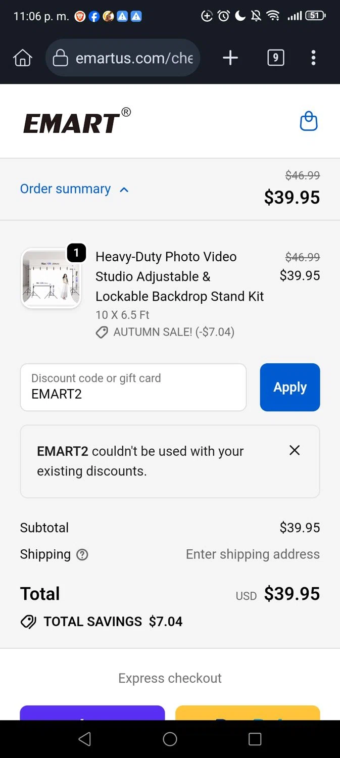 EMART promo code screenshot showing code EMART2 applied at EMART checkout page. Uploaded by SimplyCodes community member George07 on Oct 2, 2025