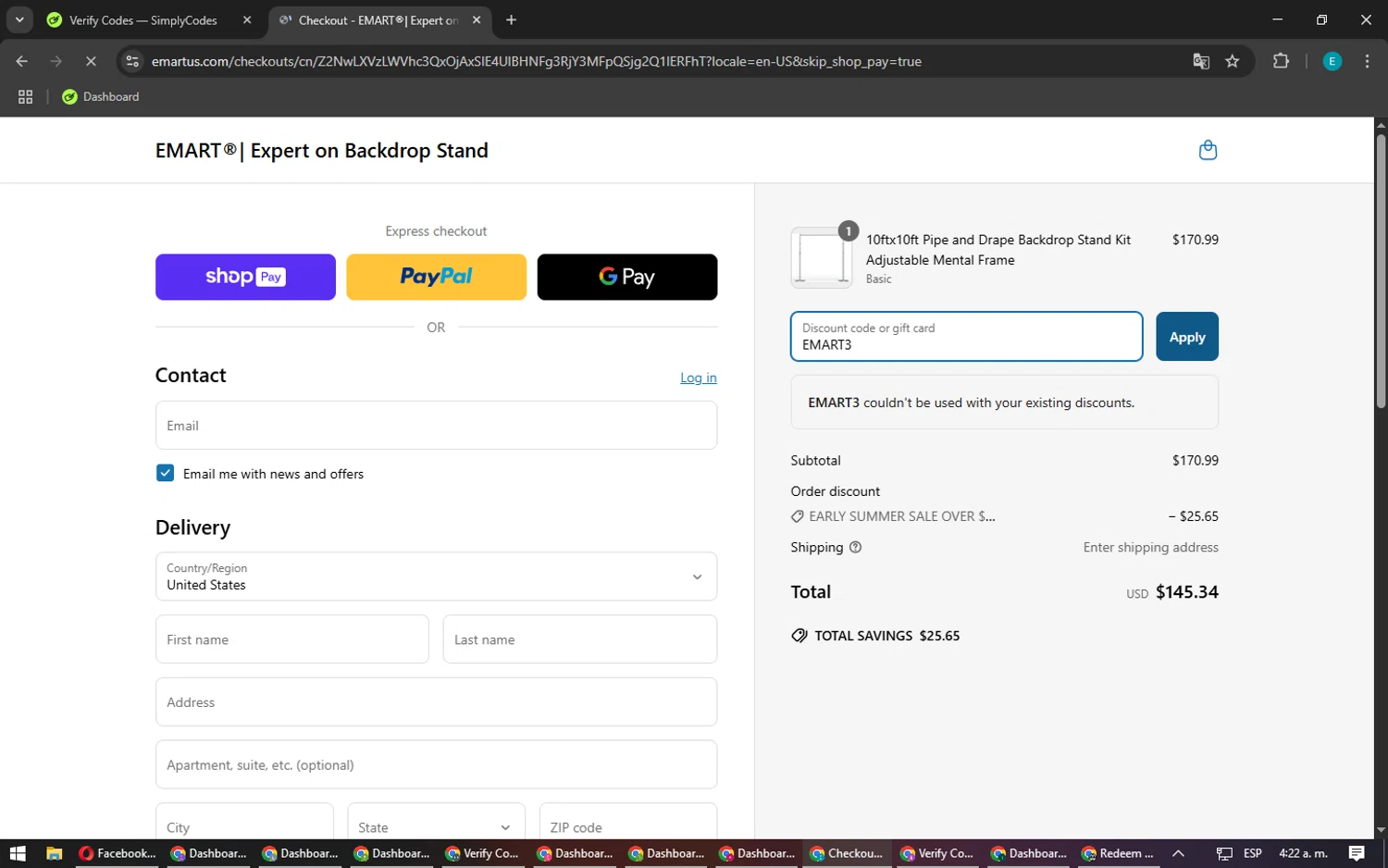EMART promo code screenshot showing code EMART3 applied at EMART checkout page. Uploaded by SimplyCodes community member MightyFox1680 on Mar 26, 2025