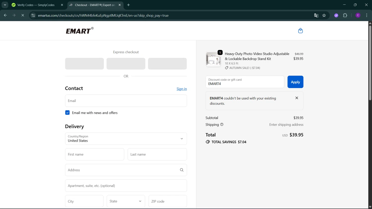 EMART promo code screenshot showing code EMART4 applied at EMART checkout page. Uploaded by SimplyCodes community member GoldSeeker3096 on Oct 13, 2025