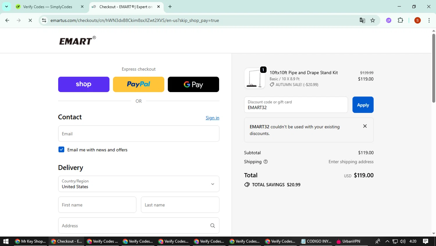 EMART promo code screenshot showing code EMART32 applied at EMART checkout page. Uploaded by SimplyCodes community member CleverTiger4265 on Oct 2, 2025