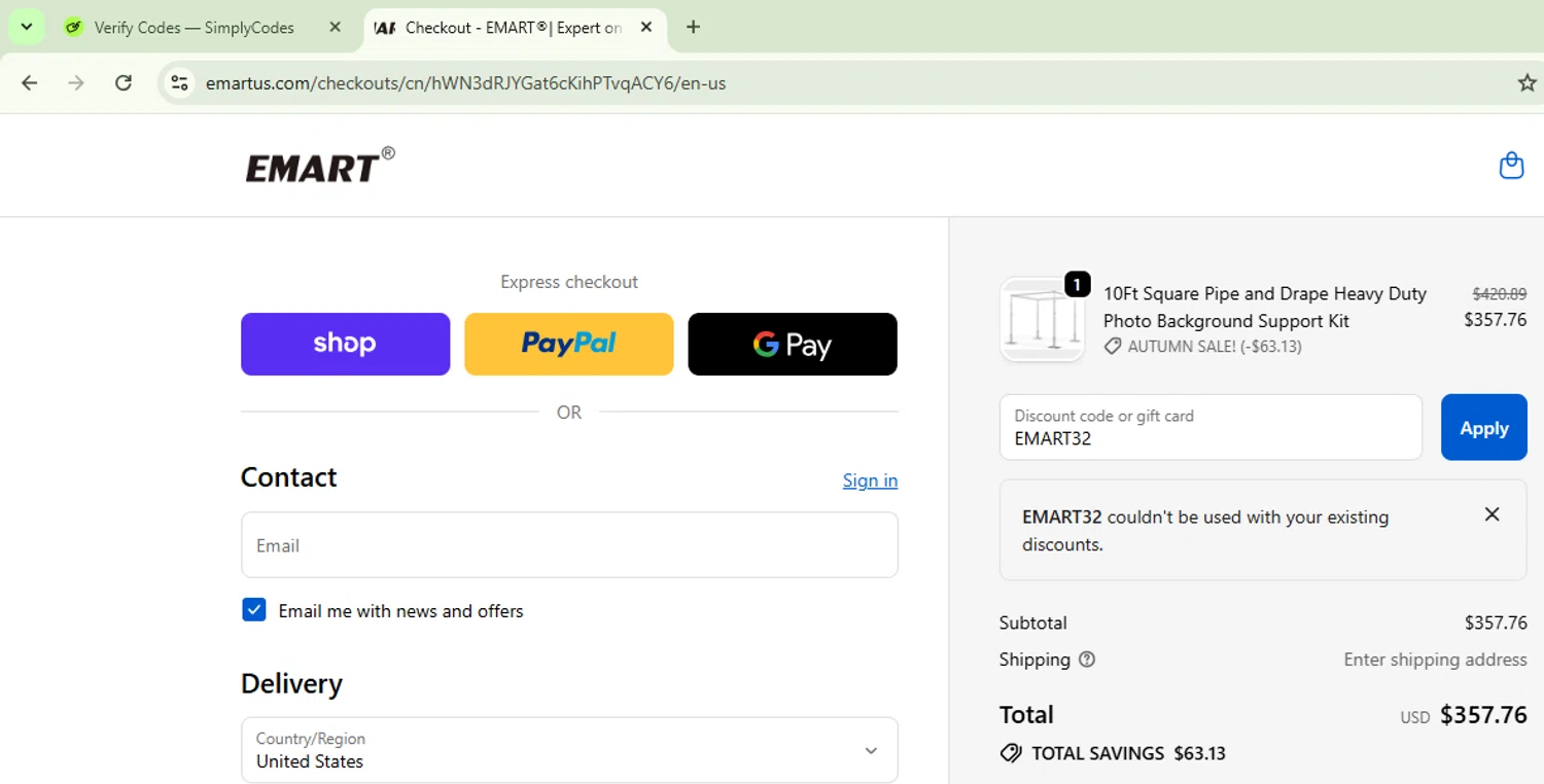 EMART promo code screenshot showing code EMART32 applied at EMART checkout page. Uploaded by SimplyCodes community member CoinSage1043 on Oct 2, 2025