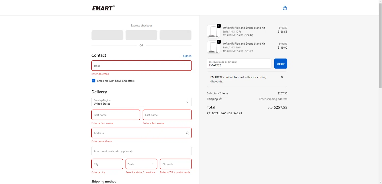 EMART promo code screenshot showing code EMART32 applied at EMART checkout page. Uploaded by SimplyCodes community member TreasureKnight4134 on Oct 2, 2025