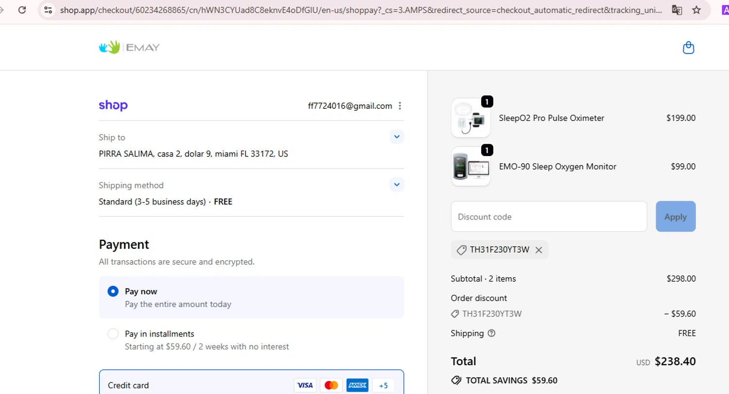 EMAY promo code screenshot showing code TH31F230YT3W applied at EMAY checkout page. Uploaded by SimplyCodes community member BonusDefender8823 on Sep 20, 2025