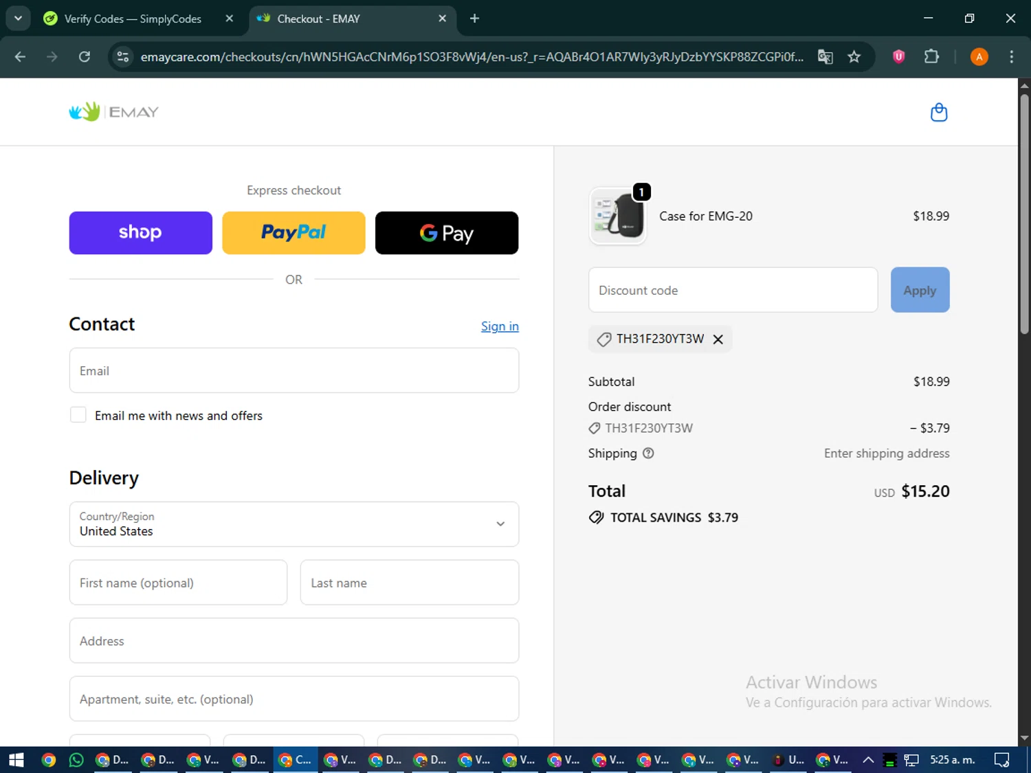 EMAY promo code screenshot showing code TH31F230YT3W applied at EMAY checkout page. Uploaded by SimplyCodes community member MoneyPhoenix4664 on Nov 14, 2025