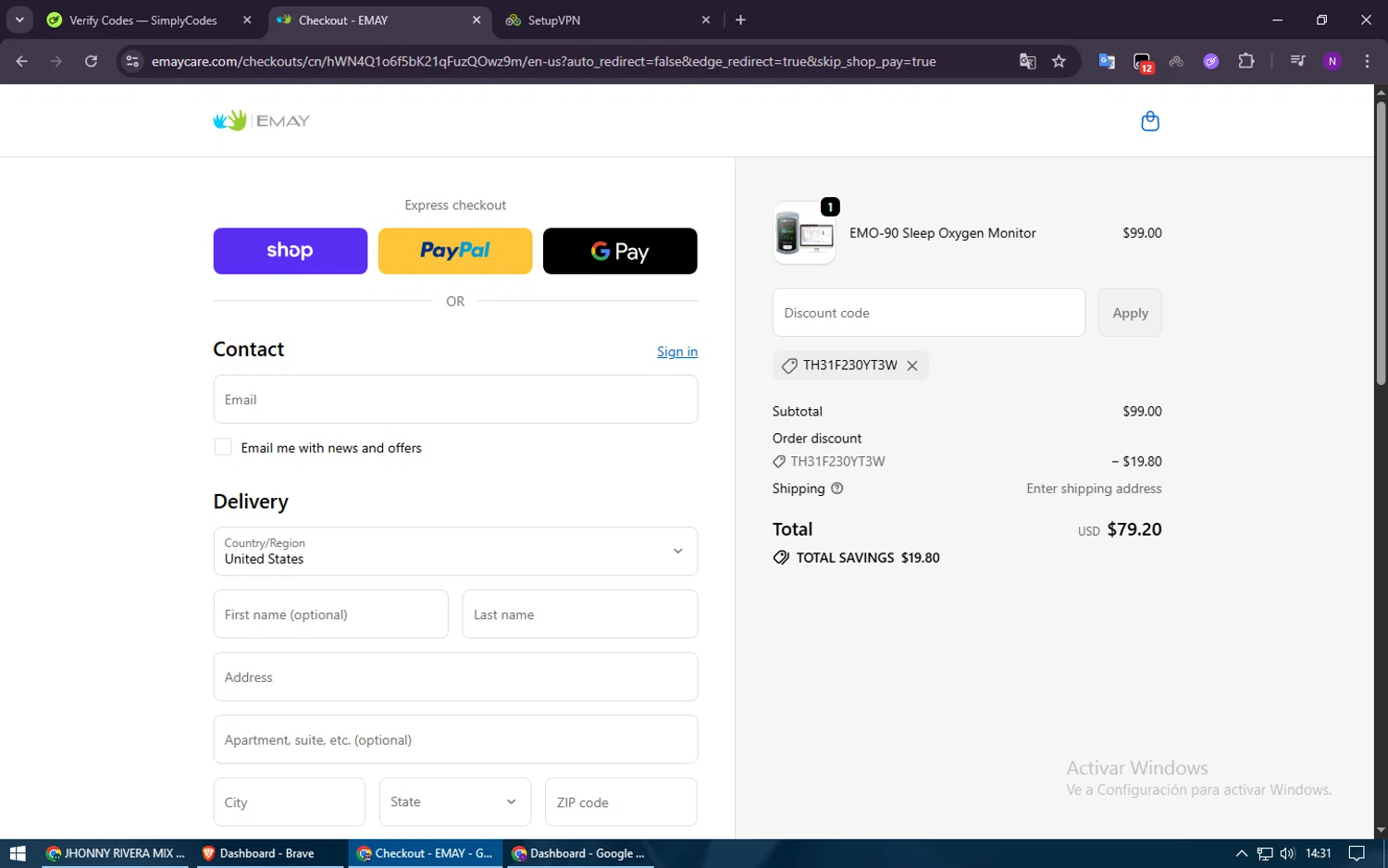EMAY promo code screenshot showing code TH31F230YT3W applied at EMAY checkout page. Uploaded by SimplyCodes community member Voucher200 on Oct 22, 2025