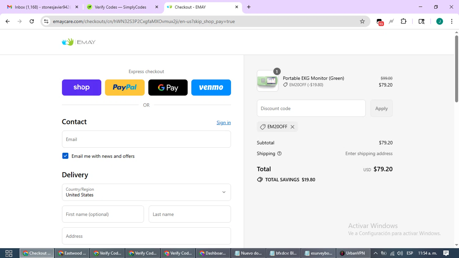 EMAY promo code screenshot showing code EM20OFF applied at EMAY checkout page. Uploaded by SimplyCodes community member SavvyCurator1770 on Sep 16, 2025