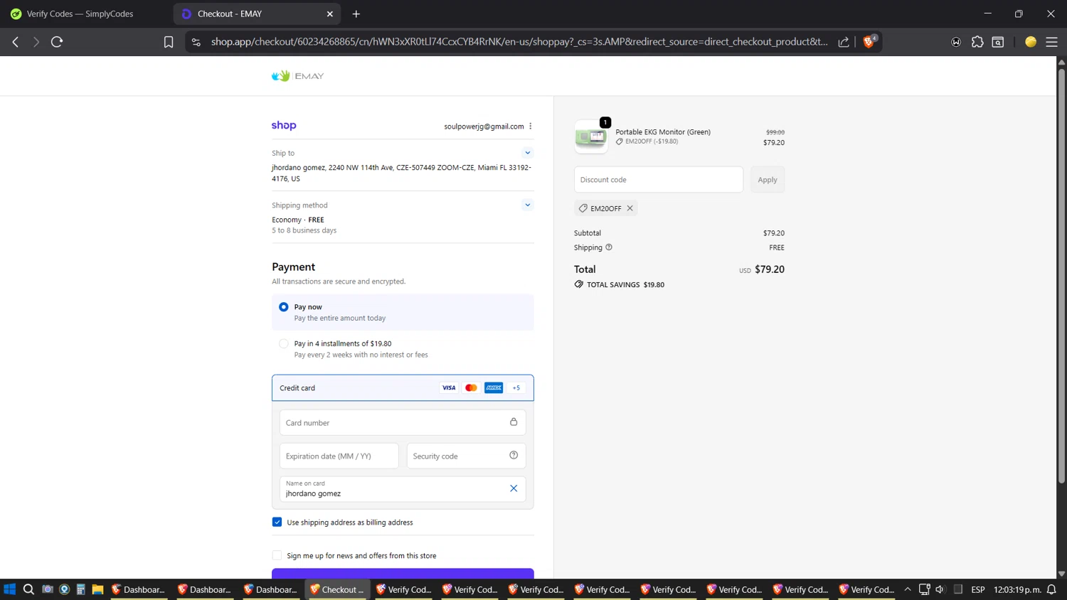 EMAY promo code screenshot showing code EM20OFF applied at EMAY checkout page. Uploaded by SimplyCodes community member ZoilaPerrita on Oct 10, 2025