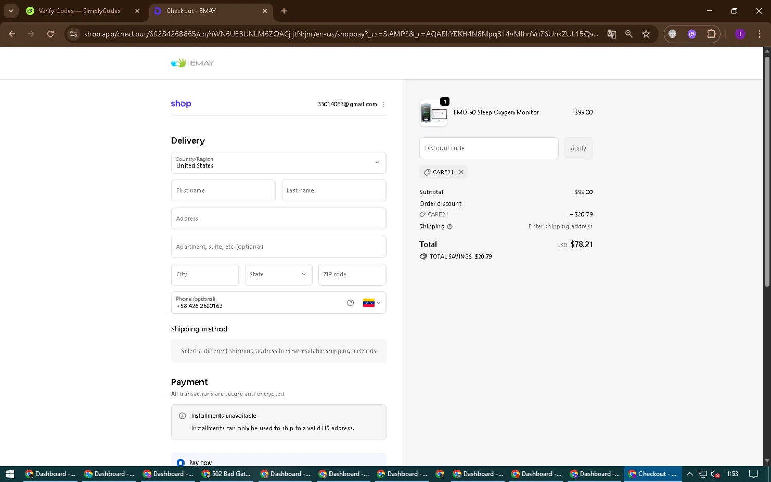 EMAY promo code screenshot showing code CARE21 applied at EMAY checkout page. Uploaded by SimplyCodes community member ChinoYugi on Dec 16, 2025
