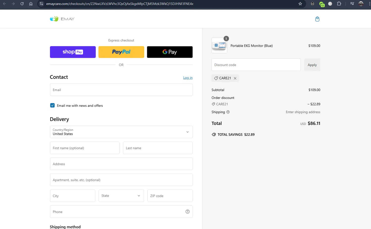 EMAY promo code screenshot showing code CARE21 applied at EMAY checkout page. Uploaded by SimplyCodes community member Jmhernand1 on Jan 7, 2025