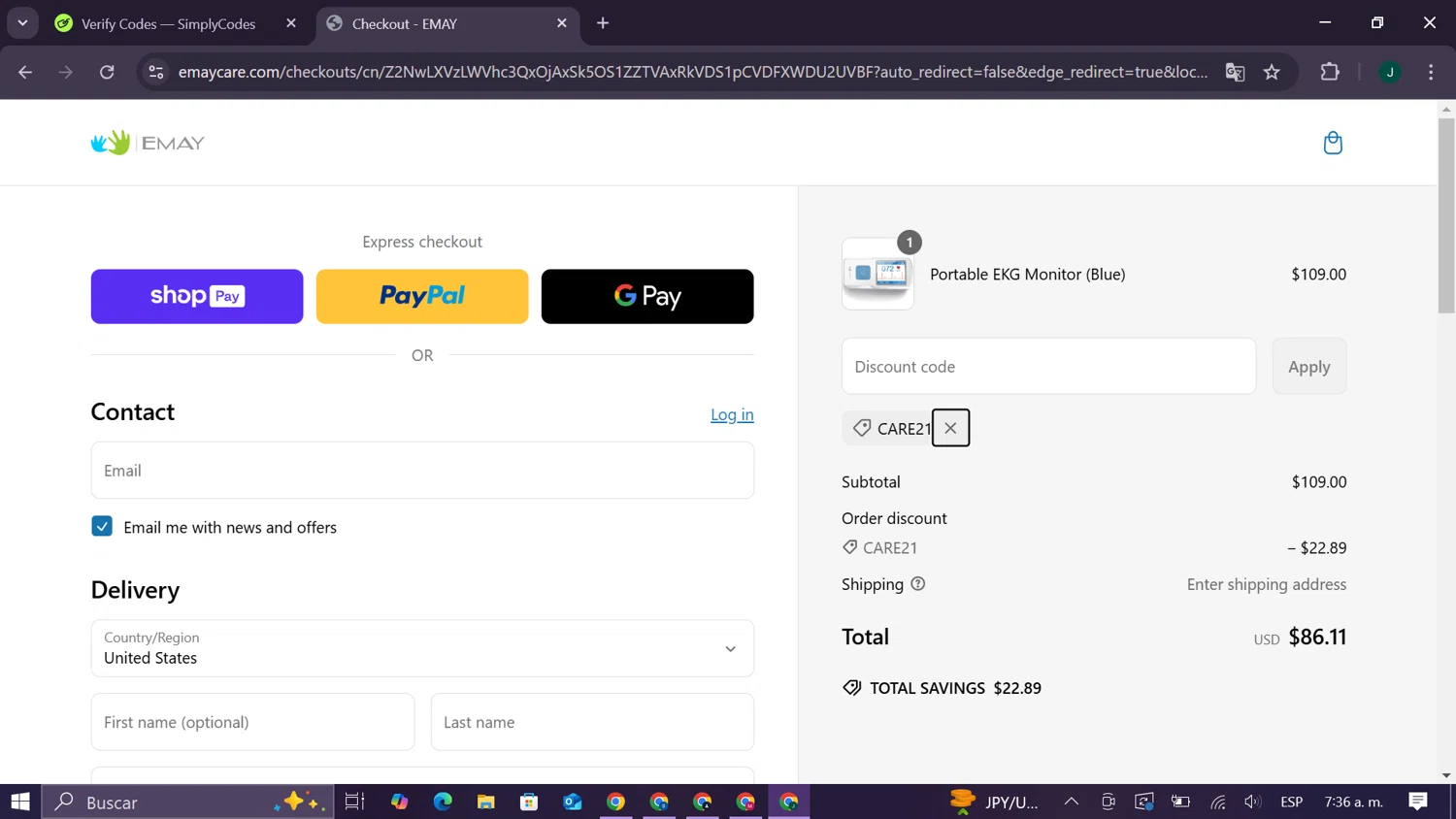EMAY promo code screenshot showing code CARE21 applied at EMAY checkout page. Uploaded by SimplyCodes community member CleverElite8110 on Mar 6, 2025