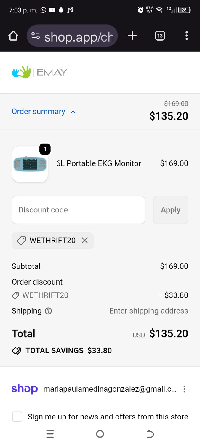 EMAY promo code screenshot showing code WETHRIFT20 applied at EMAY checkout page. Uploaded by SimplyCodes community member PromoMaven605 on Oct 2, 2025