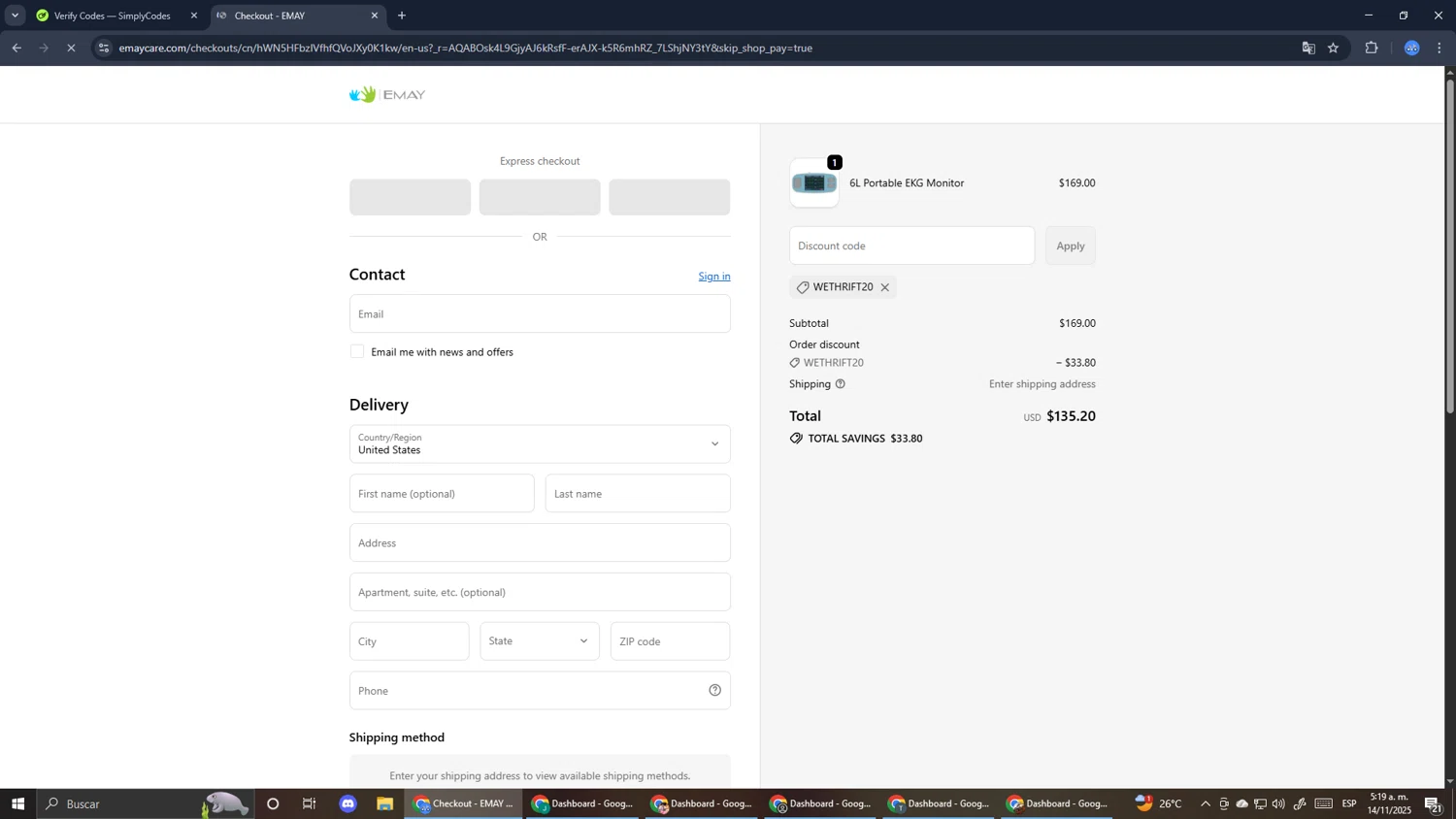 EMAY promo code screenshot showing code WETHRIFT20 applied at EMAY checkout page. Uploaded by SimplyCodes community member RoyalExpert3857 on Nov 14, 2025