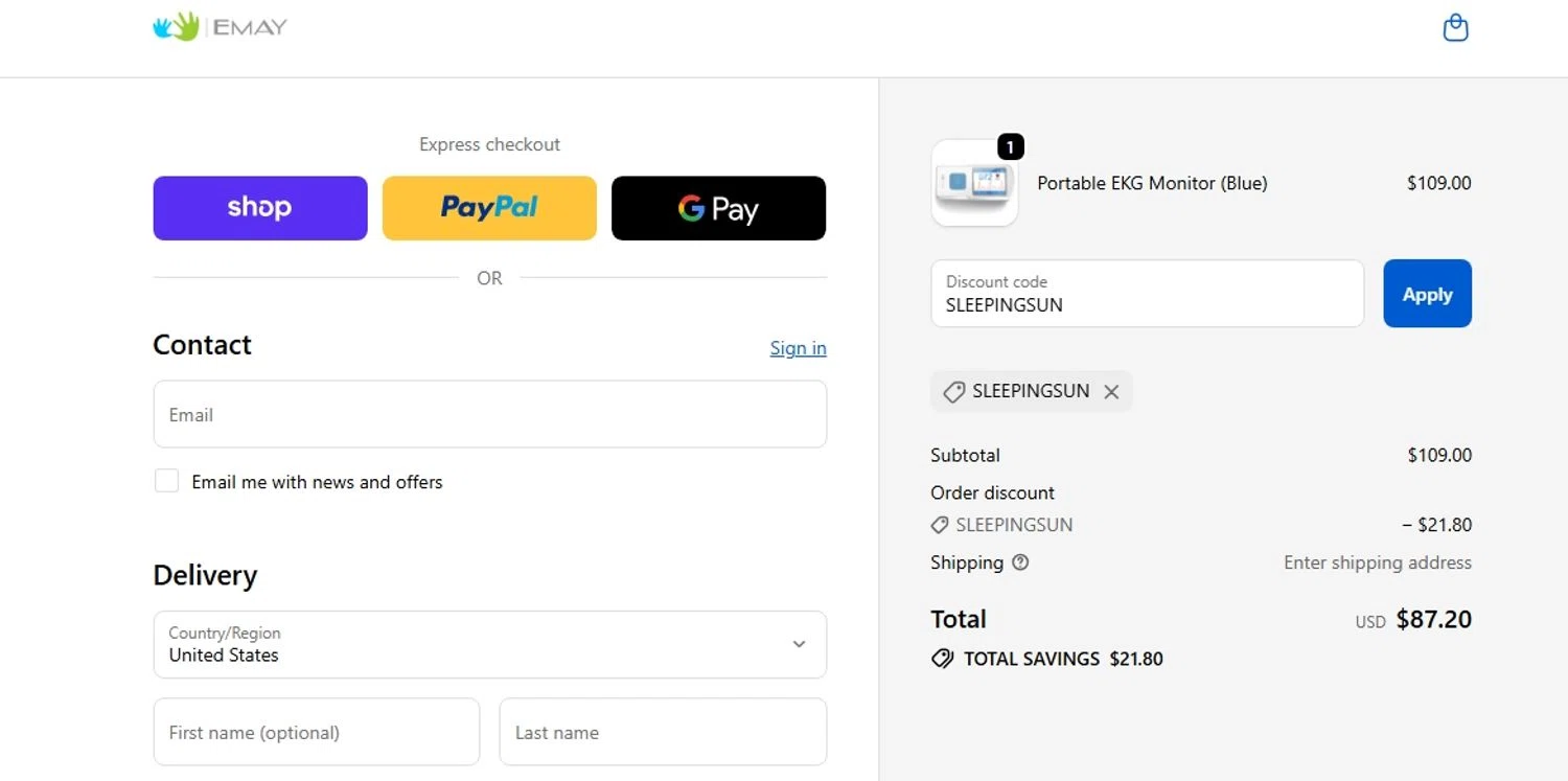 EMAY promo code screenshot showing code SLEEPINGSUN applied at EMAY checkout page. Uploaded by SimplyCodes community member BudgetPro6018 on Dec 5, 2025