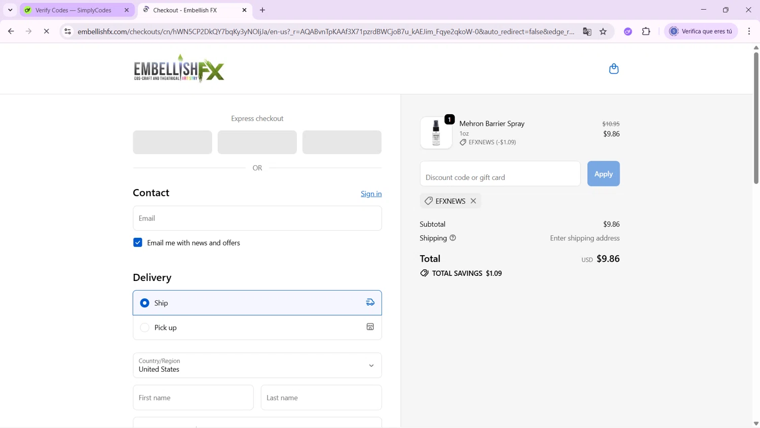 Embellish FX coupon code screenshot showing code EFXNEWS applied at Embellish FX checkout page. Uploaded by SimplyCodes community member ExtraordinaryWhiz4519 on Nov 12, 2025