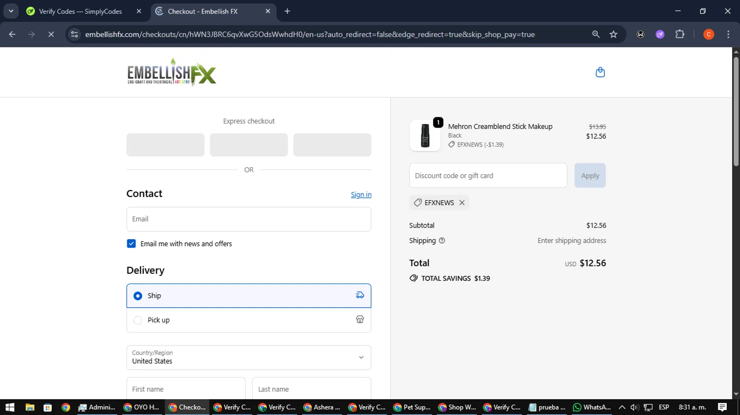 Embellish FX coupon code screenshot showing code EFXNEWS applied at Embellish FX checkout page. Uploaded by SimplyCodes community member NatanaelCano on Sep 23, 2025