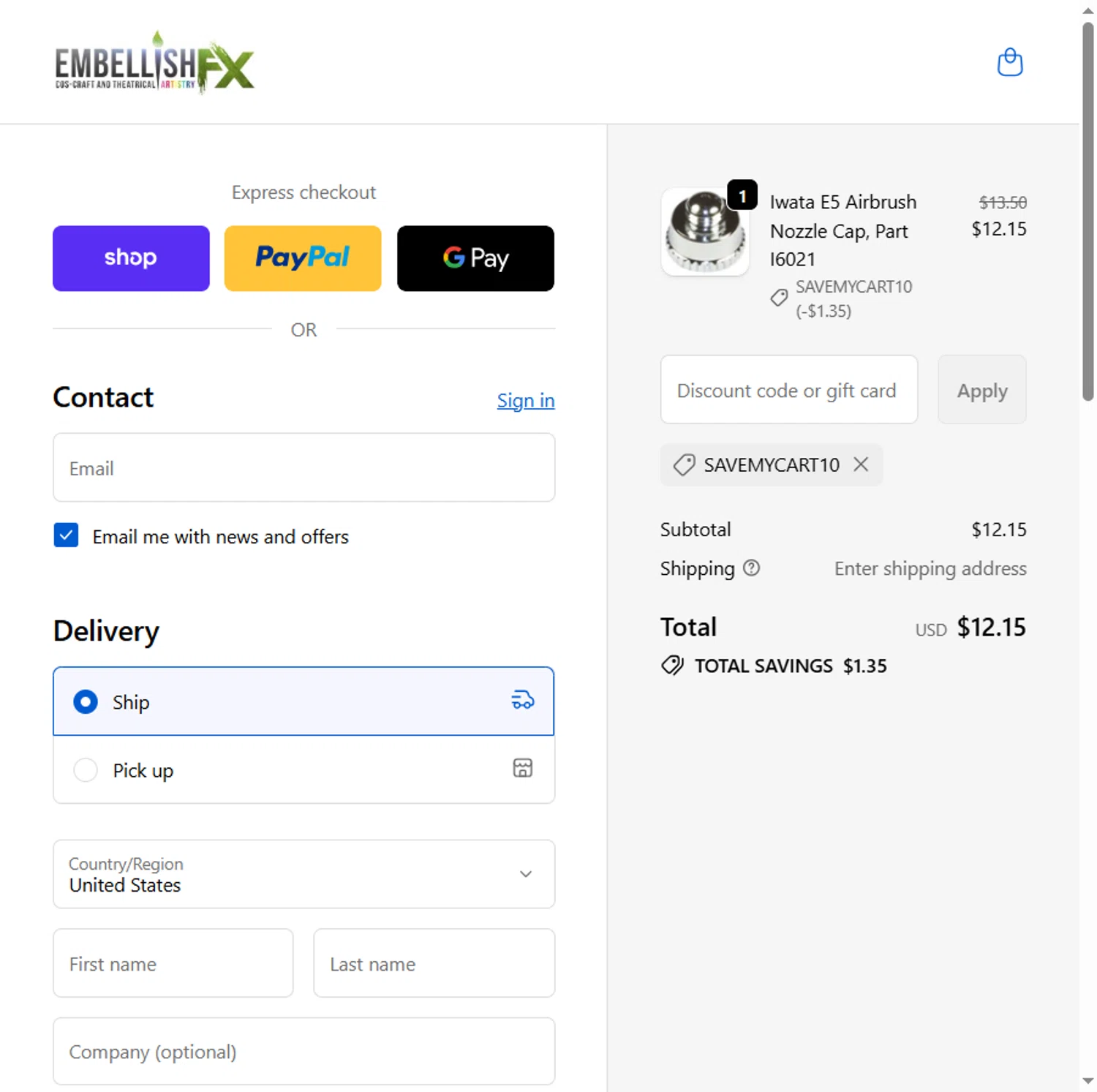 Embellish FX coupon code screenshot showing code SAVEMYCART10 applied at Embellish FX checkout page. Uploaded by SimplyCodes community member Leannysv7lla on Nov 22, 2025