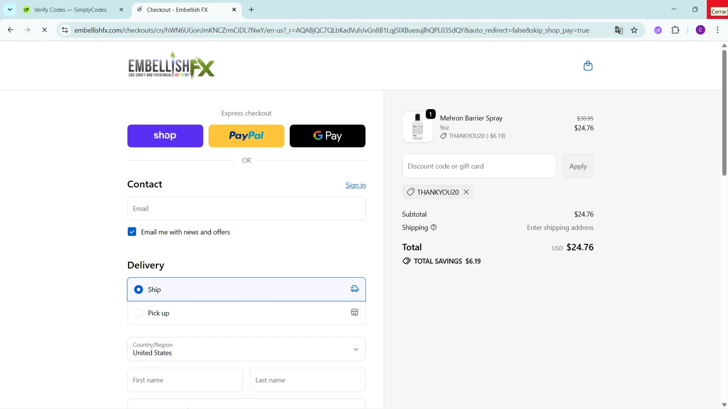 Embellish FX coupon code screenshot showing code THANKYOU20 applied at Embellish FX checkout page. Uploaded by SimplyCodes community member GoldSeeker3096 on Dec 16, 2025