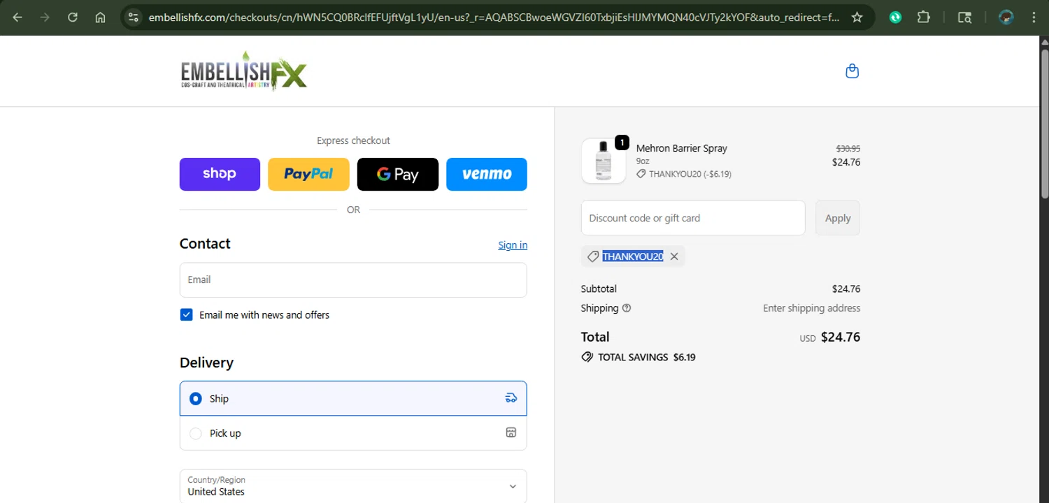 Embellish FX coupon code screenshot showing code THANKYOU20 applied at Embellish FX checkout page. Uploaded by SimplyCodes community member MariaCorinaMachado on Nov 12, 2025