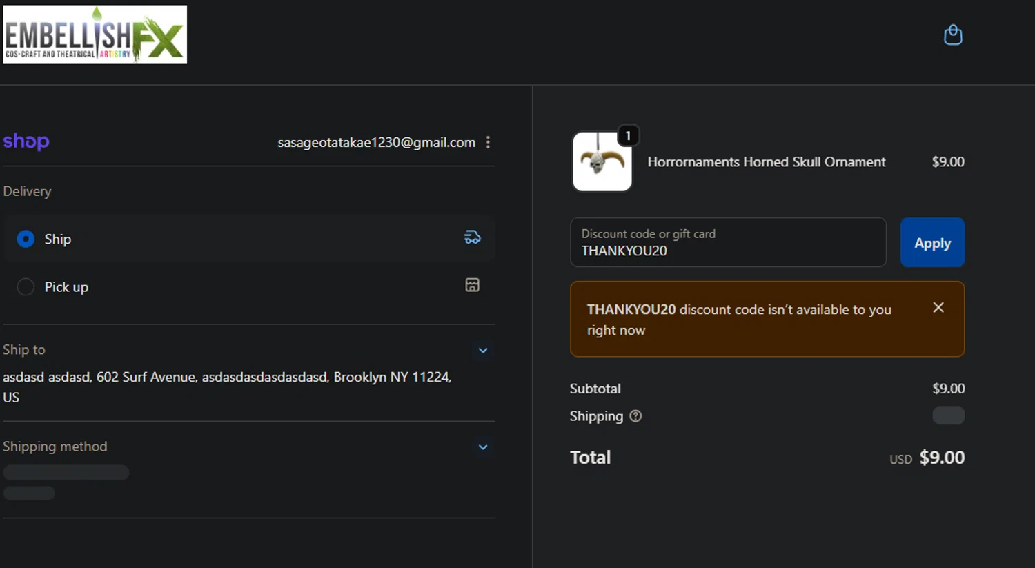 Embellish FX coupon code screenshot showing code THANKYOU20 applied at Embellish FX checkout page. Uploaded by SimplyCodes community member edwardtoyo on Nov 22, 2025