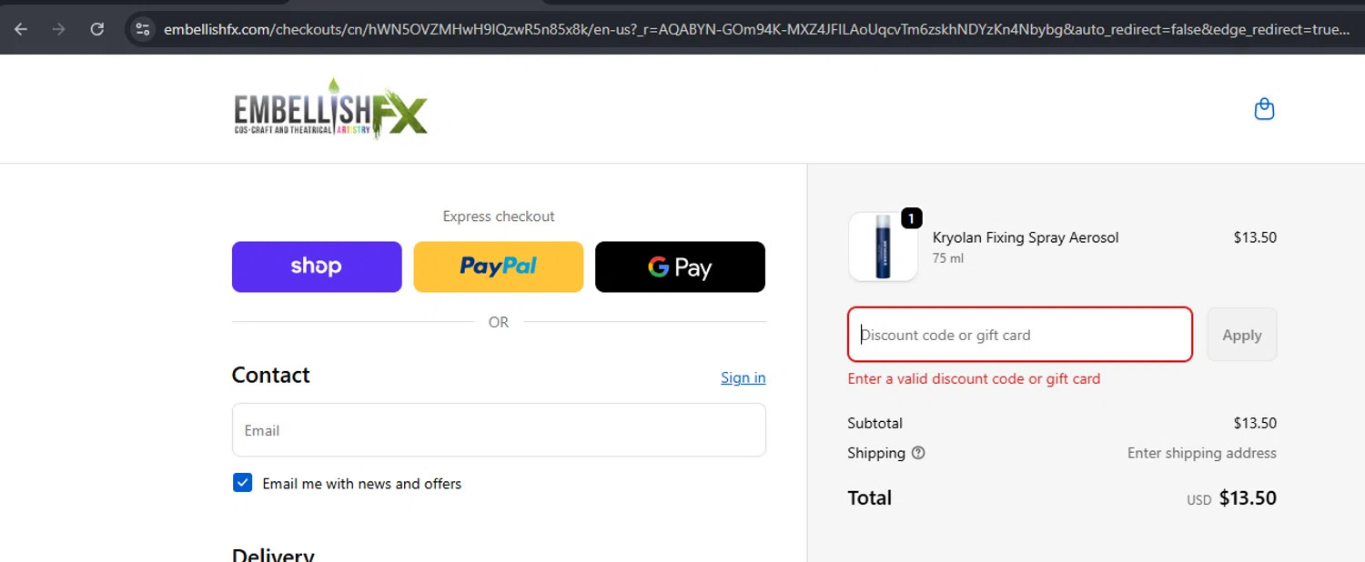 Embellish FX coupon code screenshot showing code KALUOHS10 applied at Embellish FX checkout page. Uploaded by SimplyCodes community member Mulan5674851292422 on Nov 17, 2025