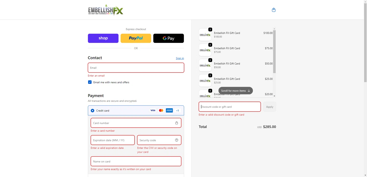 Embellish FX coupon code screenshot showing code KALUOHS10 applied at Embellish FX checkout page. Uploaded by SimplyCodes community member ThriftyPhoenix5129 on Nov 17, 2025