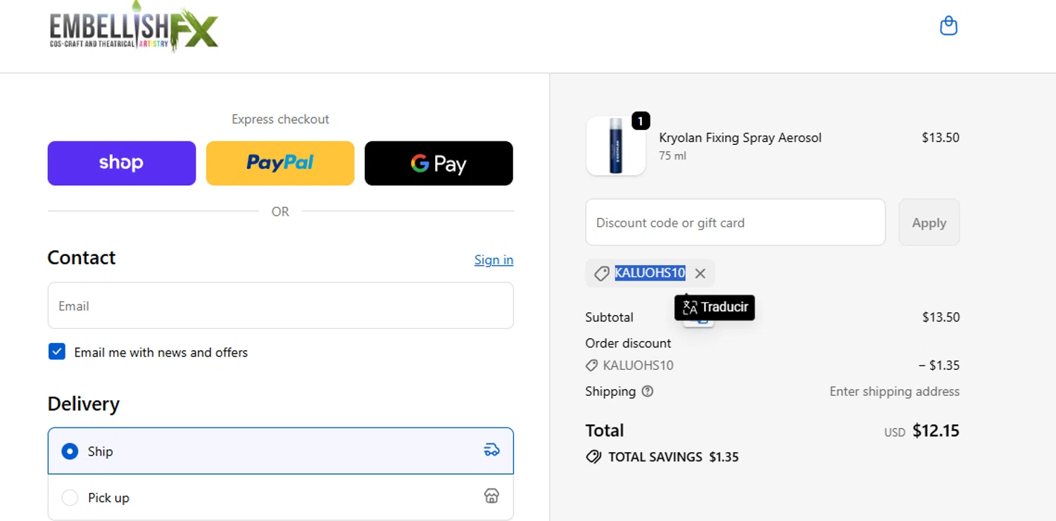 Embellish FX coupon code screenshot showing code KALUOHS10 applied at Embellish FX checkout page. Uploaded by SimplyCodes community member Olorinnnnn on Oct 20, 2025