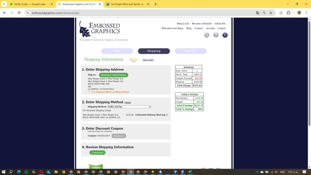 Embossed Graphics checkout page showing Embossed Graphics coupon code box | Screenshot taken by SimplyCodes community member on Aug 25, 2025
